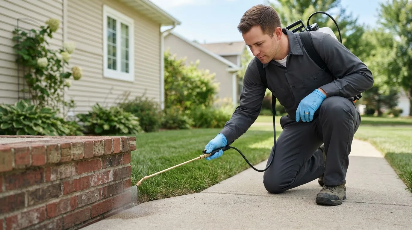Pest control technician treating a home near Crestline, CA